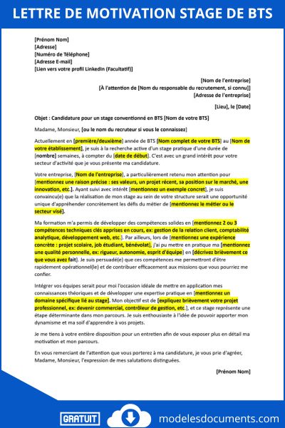 Exemple lettre de motivation stage BTS