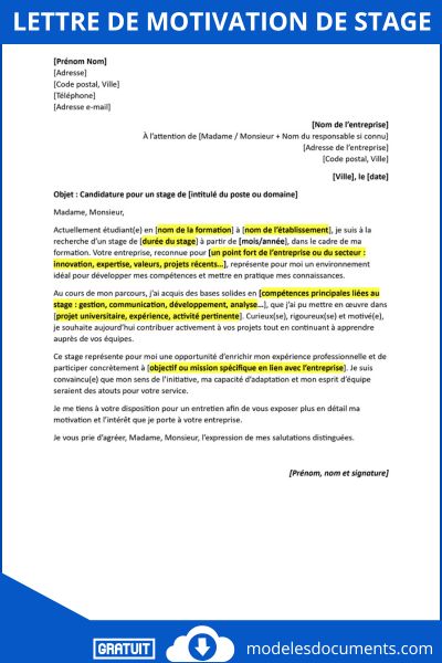 Lettre de motivation pour stage exemple