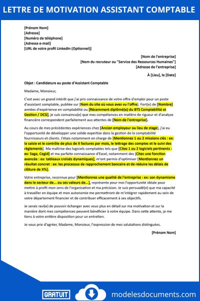 Lettre motivation assistant comptable