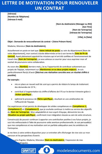 Lettre motivation pour renouveler un contrat