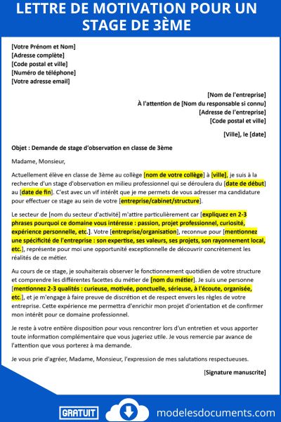 Modèle de motivation stage 3eme