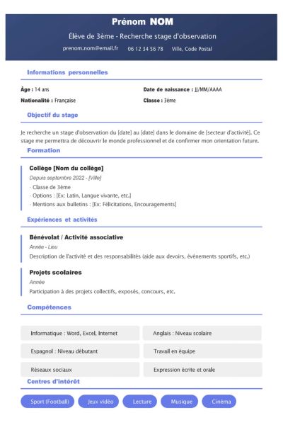 Exemple de CV Stage de 3ème