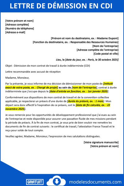 Lettre de démission en CDI