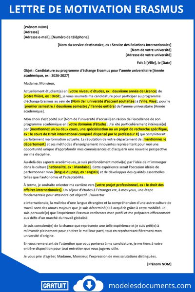 Lettre de motivation Erasmus