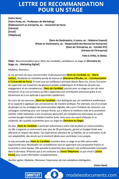 Lettre de recommandation pour un stage