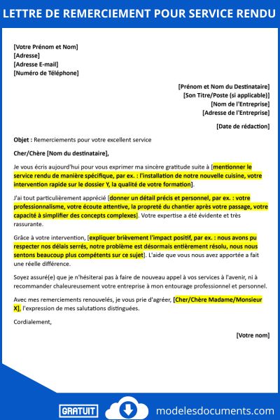 Lettre de remerciement pour service rendu