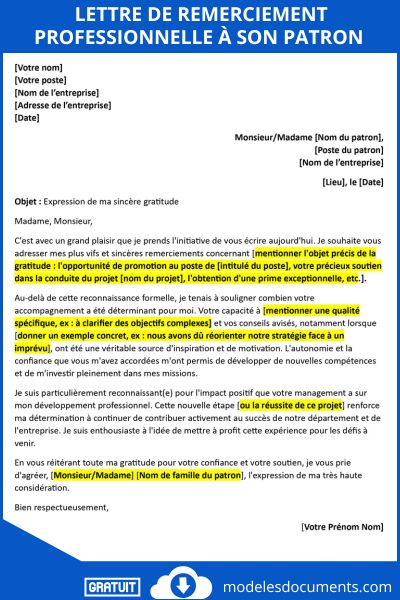 Lettre de remerciement professionnelle à son patron