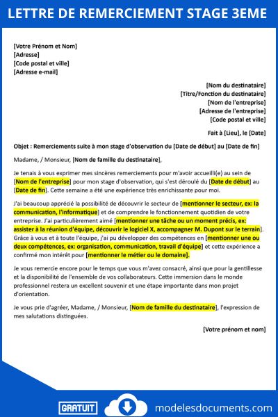 Lettre de remerciement stage 3eme