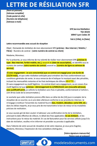 Lettre de résiliation SFR
