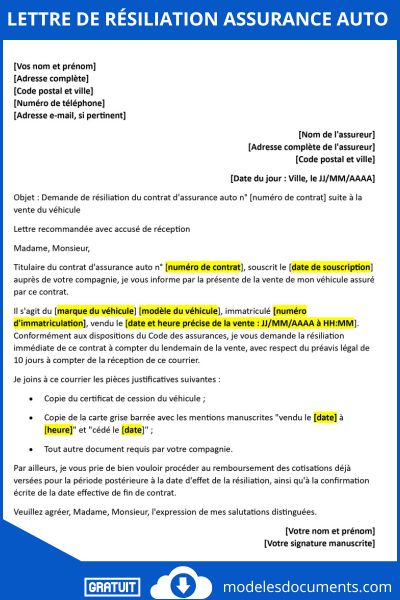 Lettre de résiliation assurance auto