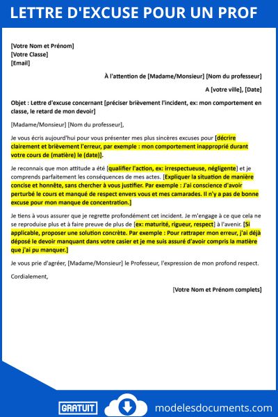 Lettre d'excuse pour un prof
