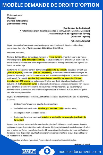 demande de droit d'option
