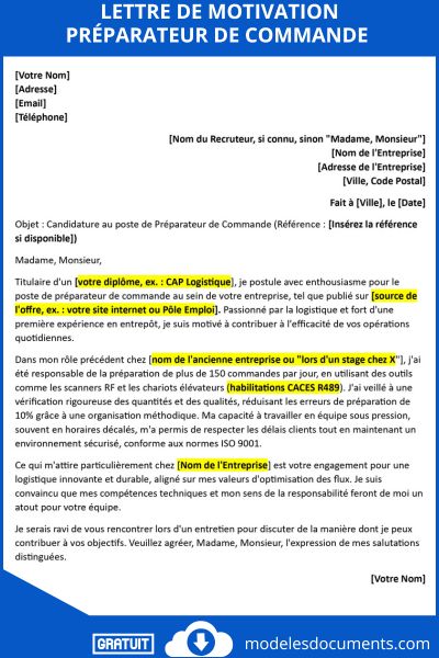 lettre de motivation préparateur de commande
