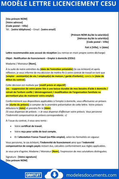 Modèle lettre licenciement CESU