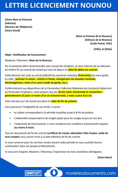 lettre de licenciement nounou