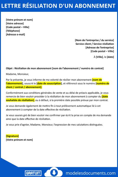 Lettre résiliation d'un abonnement