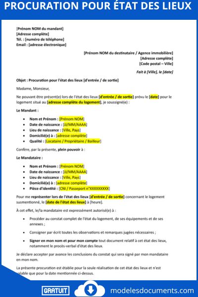 Procuration pour état des lieux
