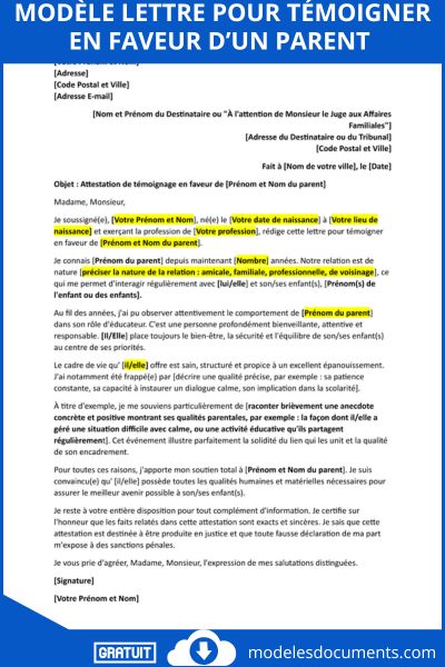 lettre pour témoigner en faveur d’un parent