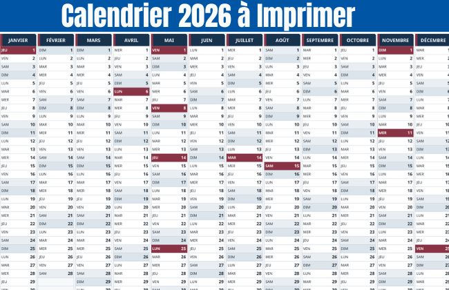 Calendrier 2026 à imprimer