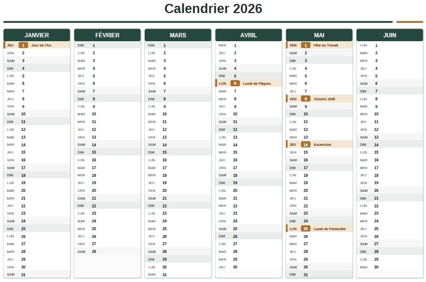 Calendrier 2026 avec semestriel feries