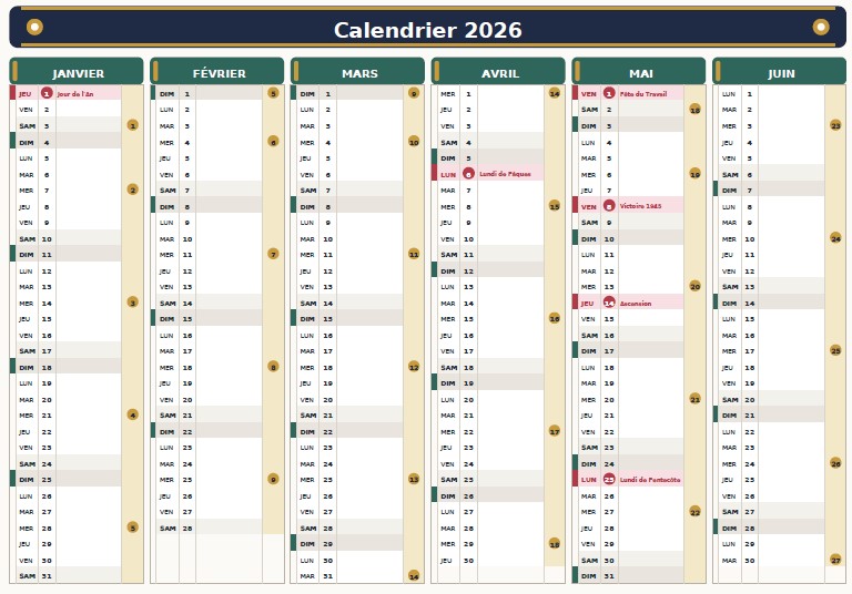 Calendrier 2026 avec semestriel semaine fieries