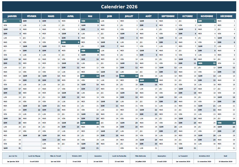 Calendrier 2026 feries