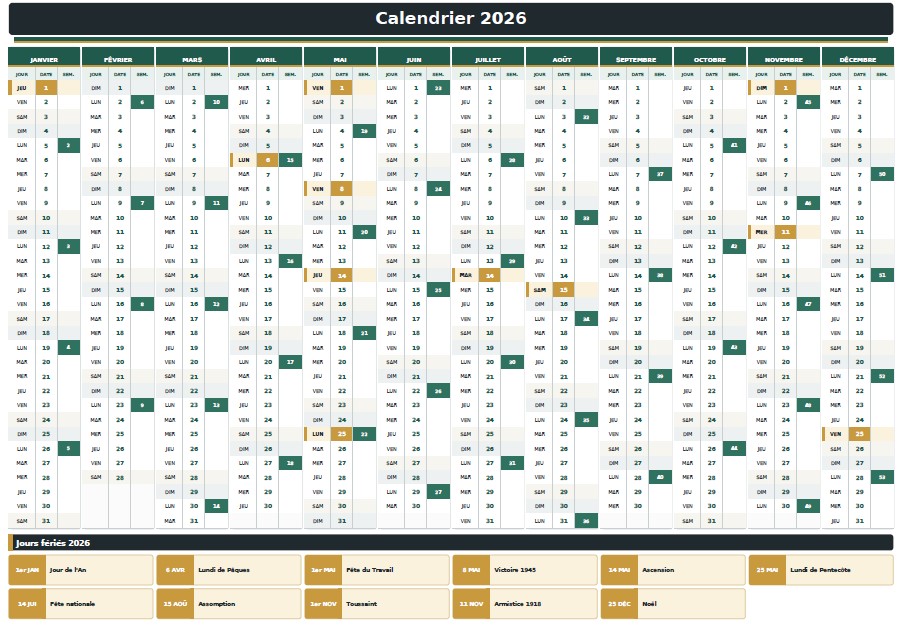 Calendrier 2026 semaine feries à imprimer