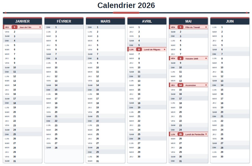 Calendrier 2026 semestriel feries à imprimer