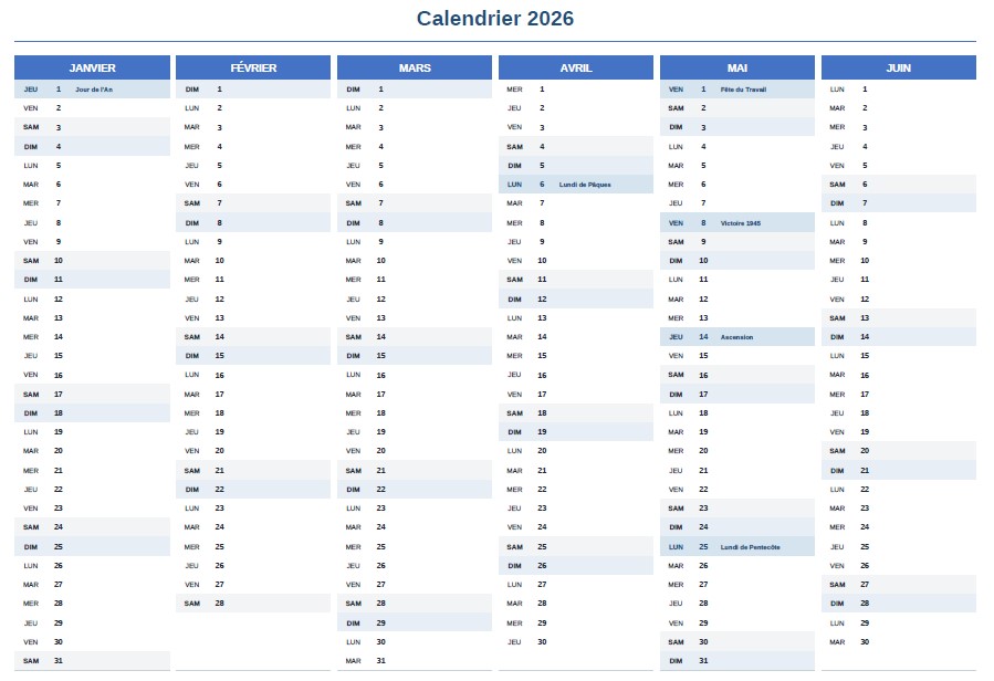 Calendrier 2026 semestriel feries