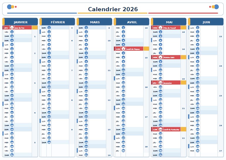 Calendrier 2026 semestriel semaine feries à imprimer