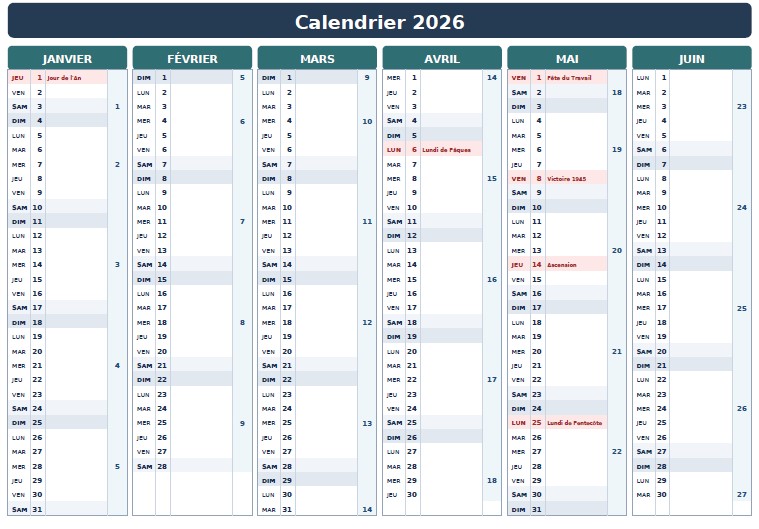 Calendrier 2026 semestriel semaine feries