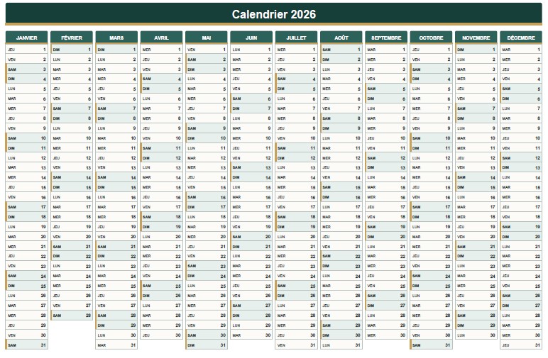 Calendrier 2026 vierge