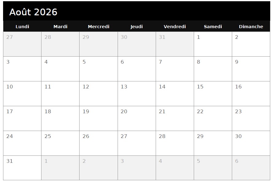 Calendrier Aout 2026