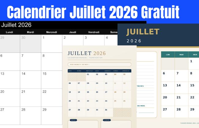Calendrier Juillet 2026 Gratuit