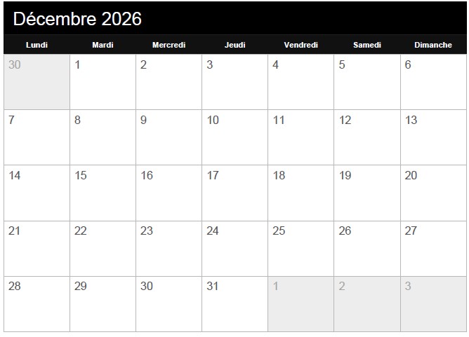 Calendrier decembre 2026