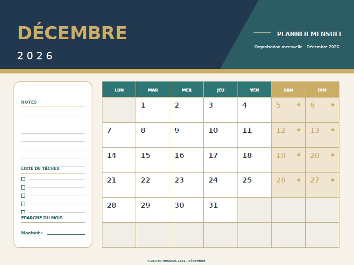 calendrier decembre 2026 planner