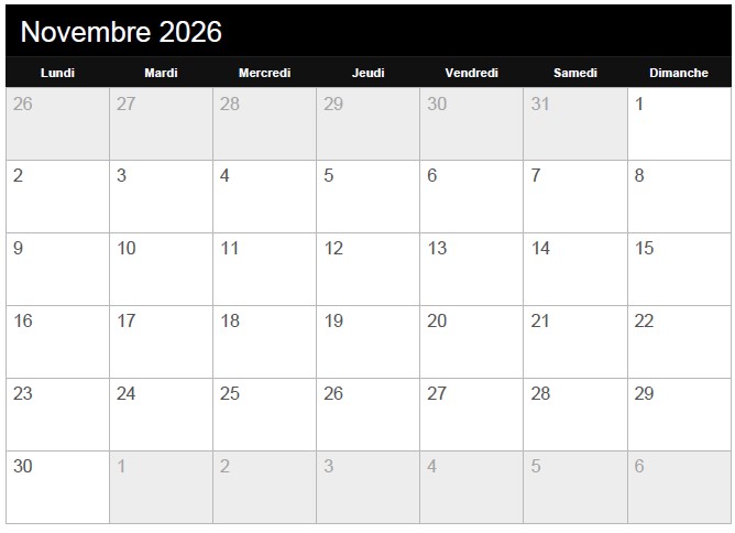 calendrier novembre 2026