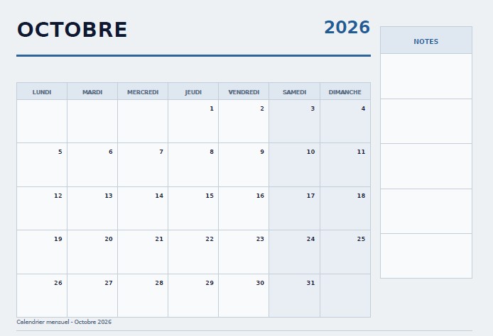 calendrier octobre 2026 corporate