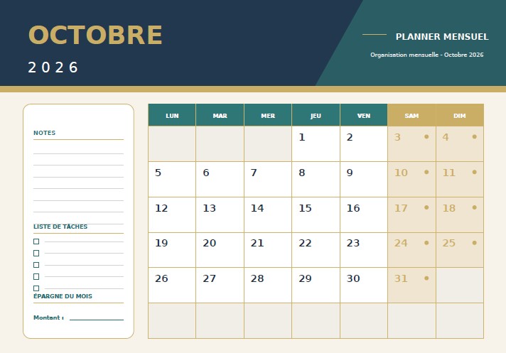 calendrier octobre 2026 planner