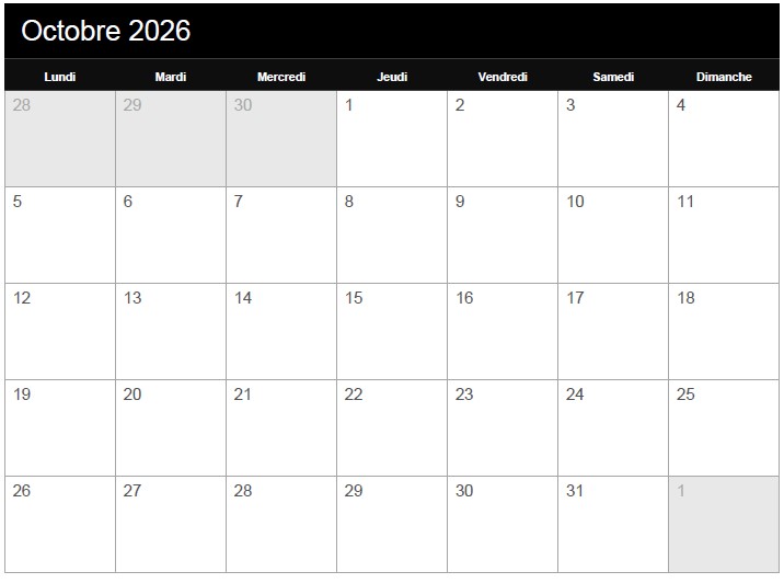 calendrier octobre 2026