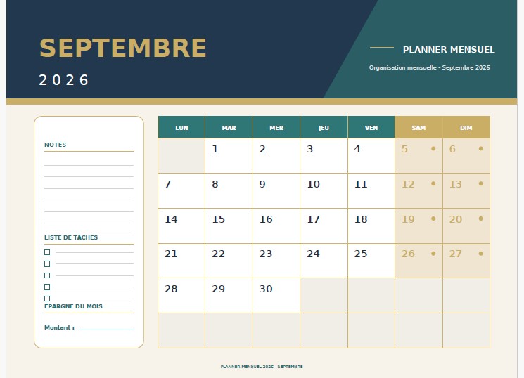 calendrier septembre 2026 planner
