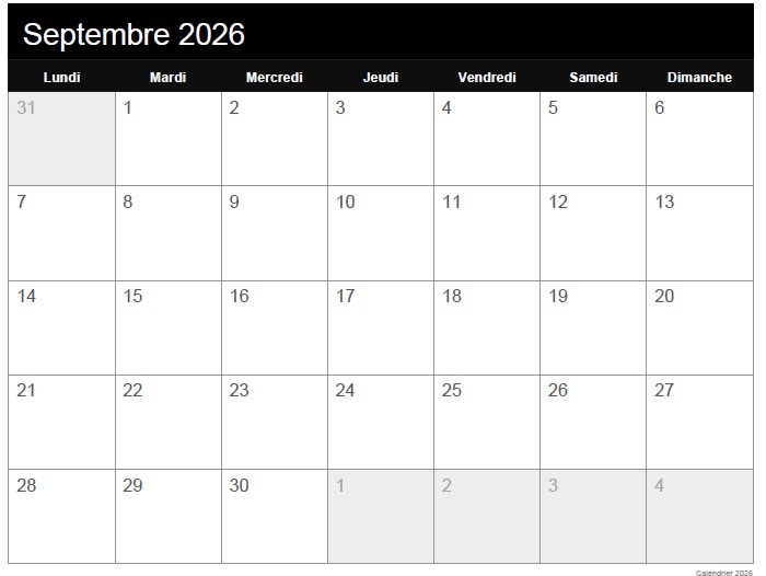 Calendrier Septembre 2026 Imprimer Gratuitement PDF Et Excel Calendrier Septembre 2026 Imprimer Gratuitement PDF Et Excel